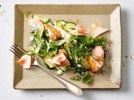 Lachs auf Gurken-Fenchel-Salat an Zitronen-Dressing